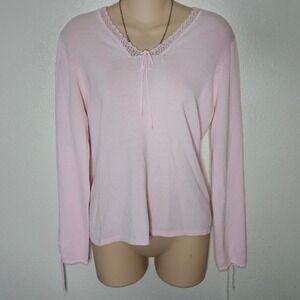 GNW Light Pink Knit Lace Tie Neck Long Sleeve Top